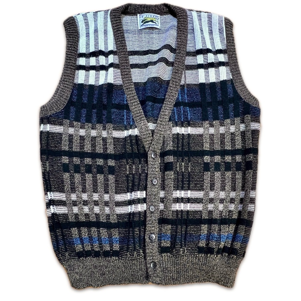 VINTAGE 80s plaid knit sweater vest button front cardigan earthy neutral grandpa